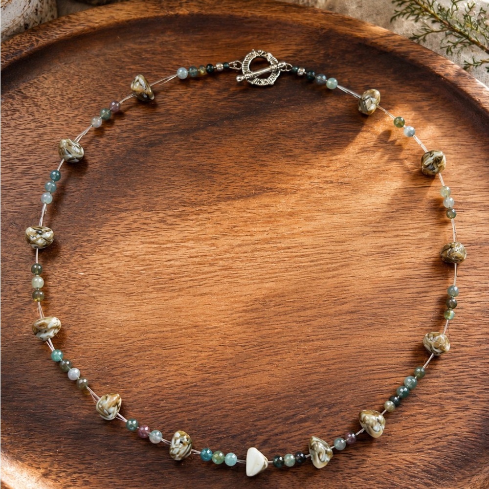 Vintage Artisan Natural Stone Necklace Toggle Clasp 24” Earth Tone